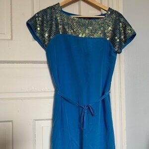 French Connection Blue Silk Dress with Sequins & Tie Waist